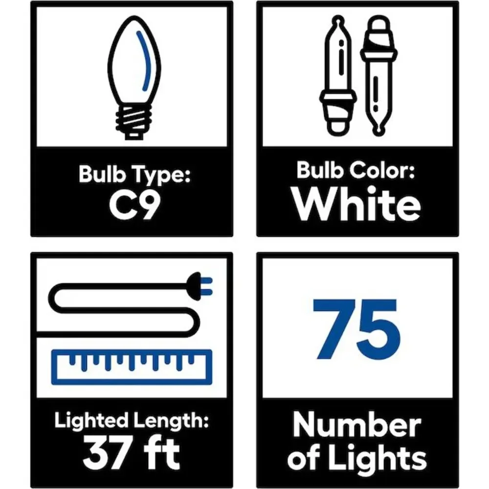 GE StayBright 75 COUNT DIAMOND CUT WARM WHITE C9 C-9 LED LIGHTS 37 FT CHRISTMAS